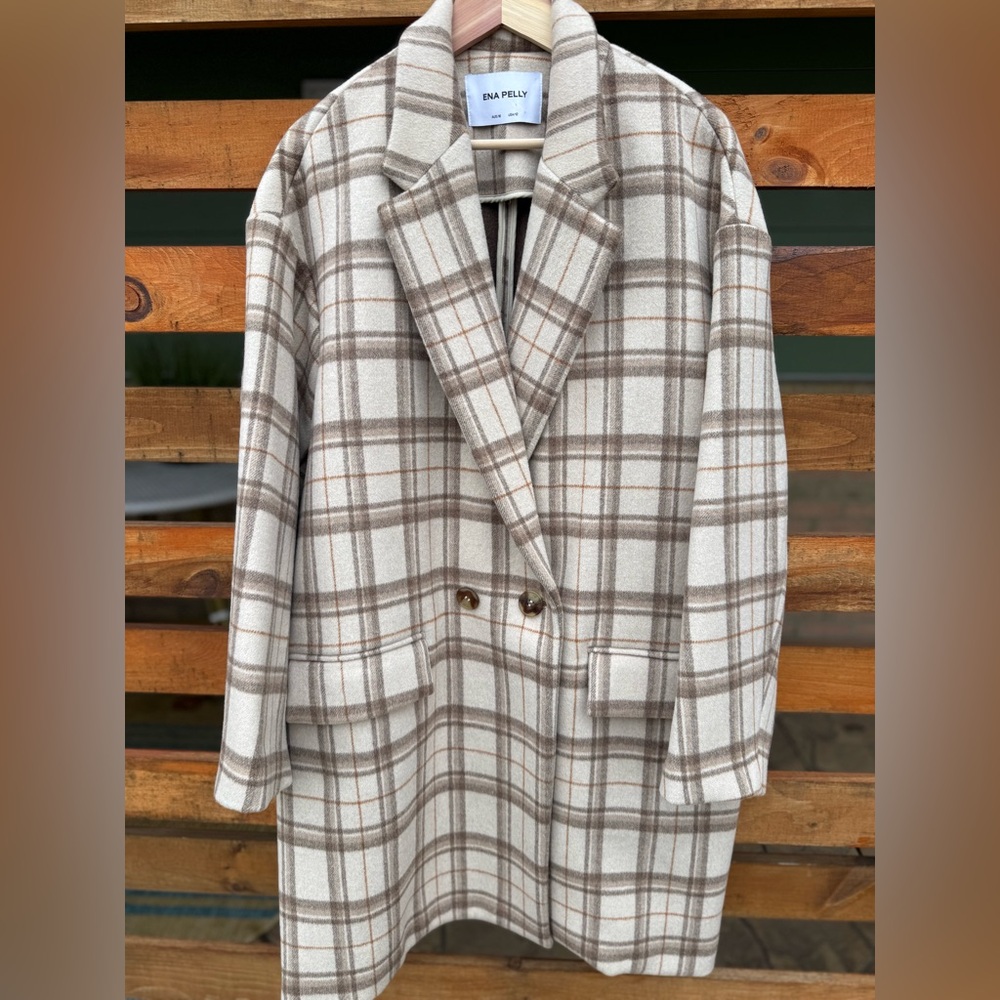 Ena Pelly Beige & Brown Plaid Coat (oversized)
